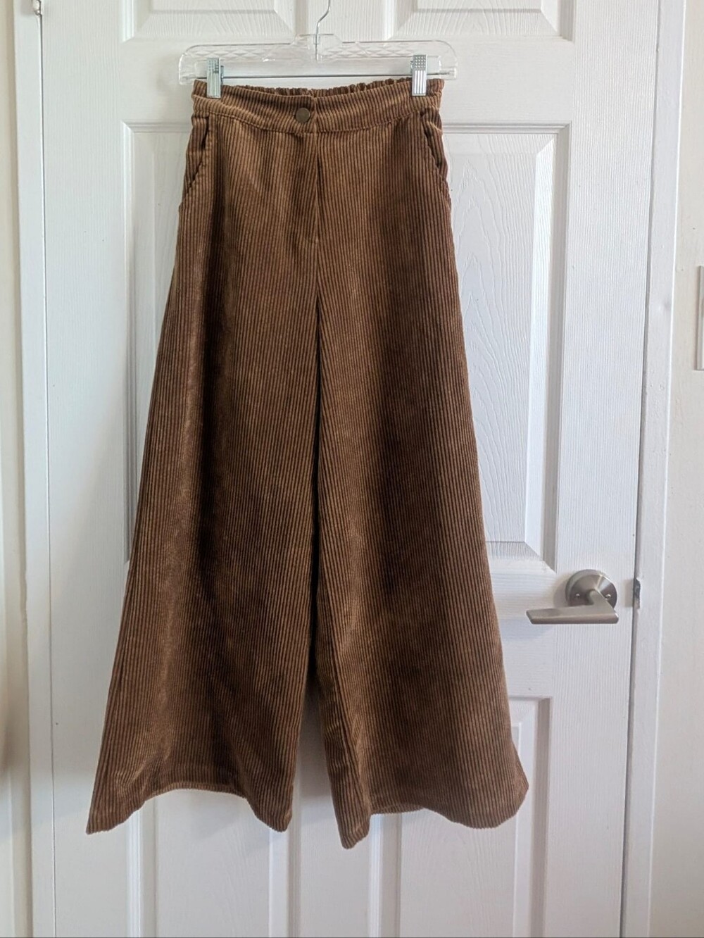 Camel Corduroy Wide Leg Crop Pants Elastic Waist Small